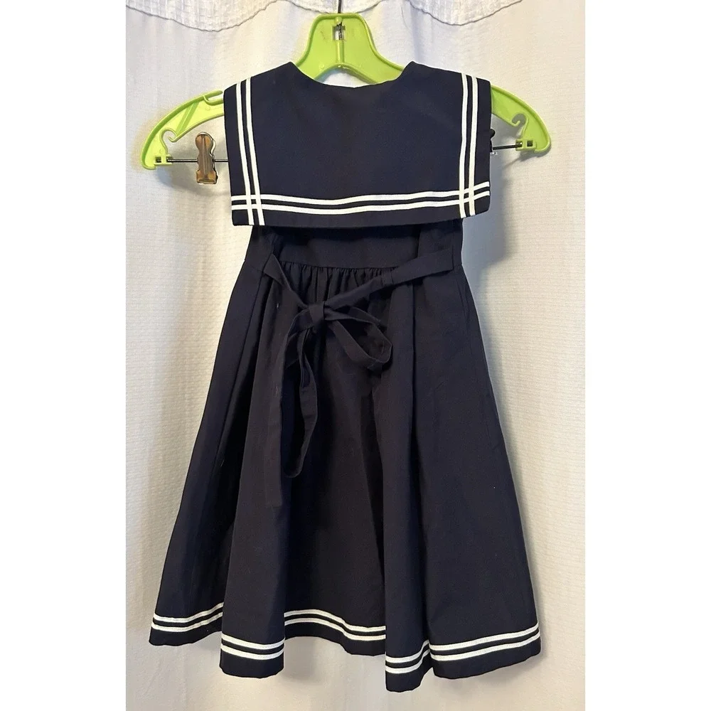 Sailor Dress Girls Size 6 Nautical Navy VTG Blue White Bow